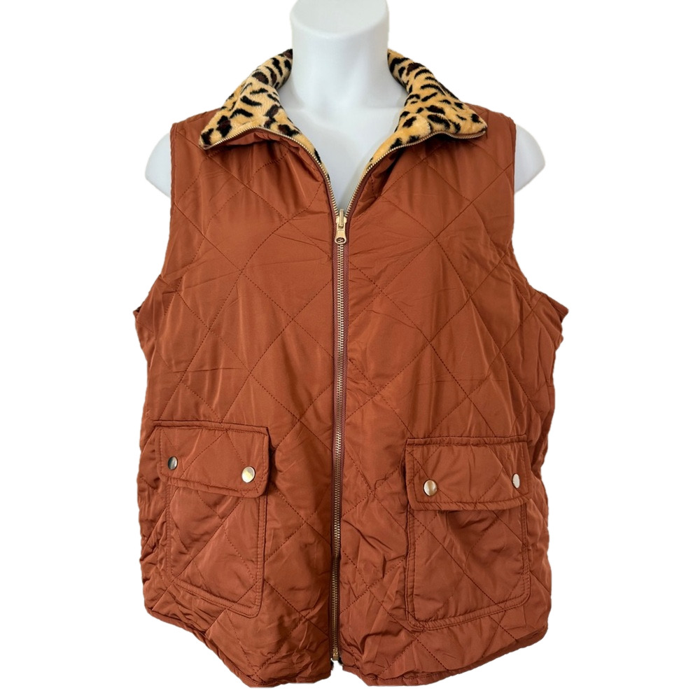 Chic Soul Cinnamon Brown Quilted Vest with Leopard Print SKU0265